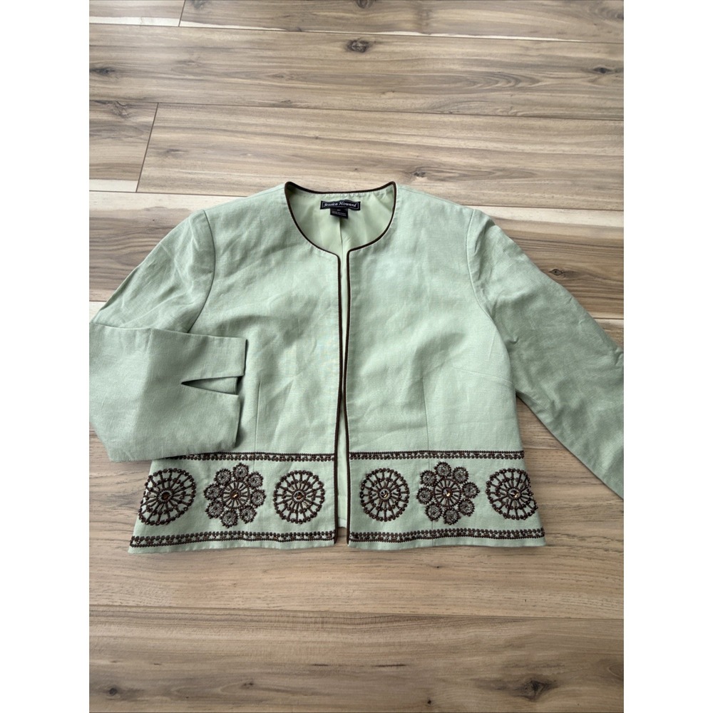Jessica Howard Sage Green Linen Blend Embroidered Open Front Jacket‎ Petite 8P